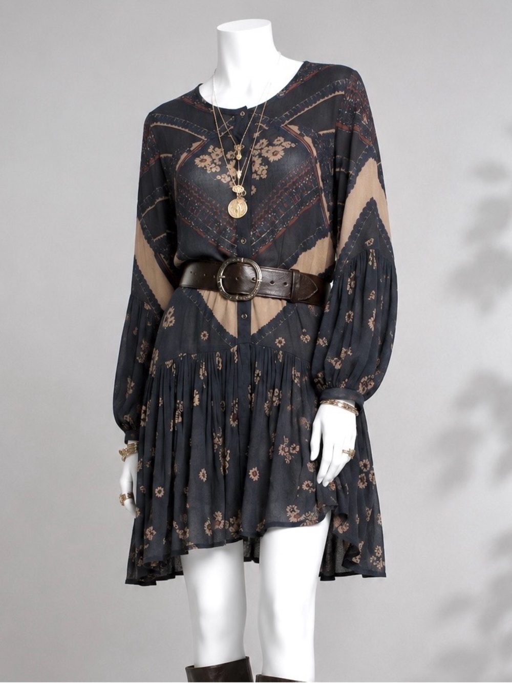 Free People From Your Heart Tunic Dress S Blue Gray Floral Boho Goth